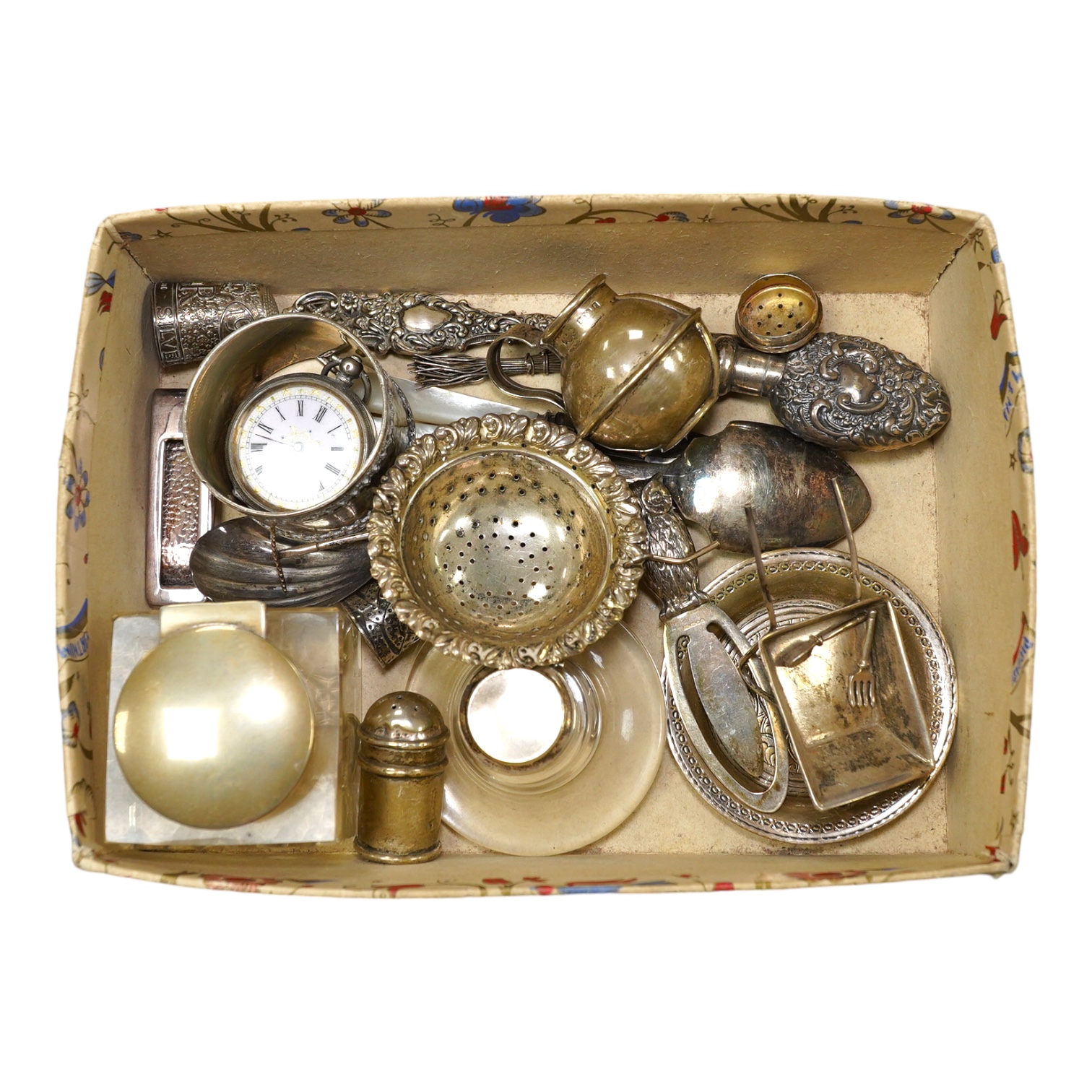 A group of assorted small silverware including inkwell, owl bookmark, scent flask, pepperette, thimble etc. Condition - poor to fair